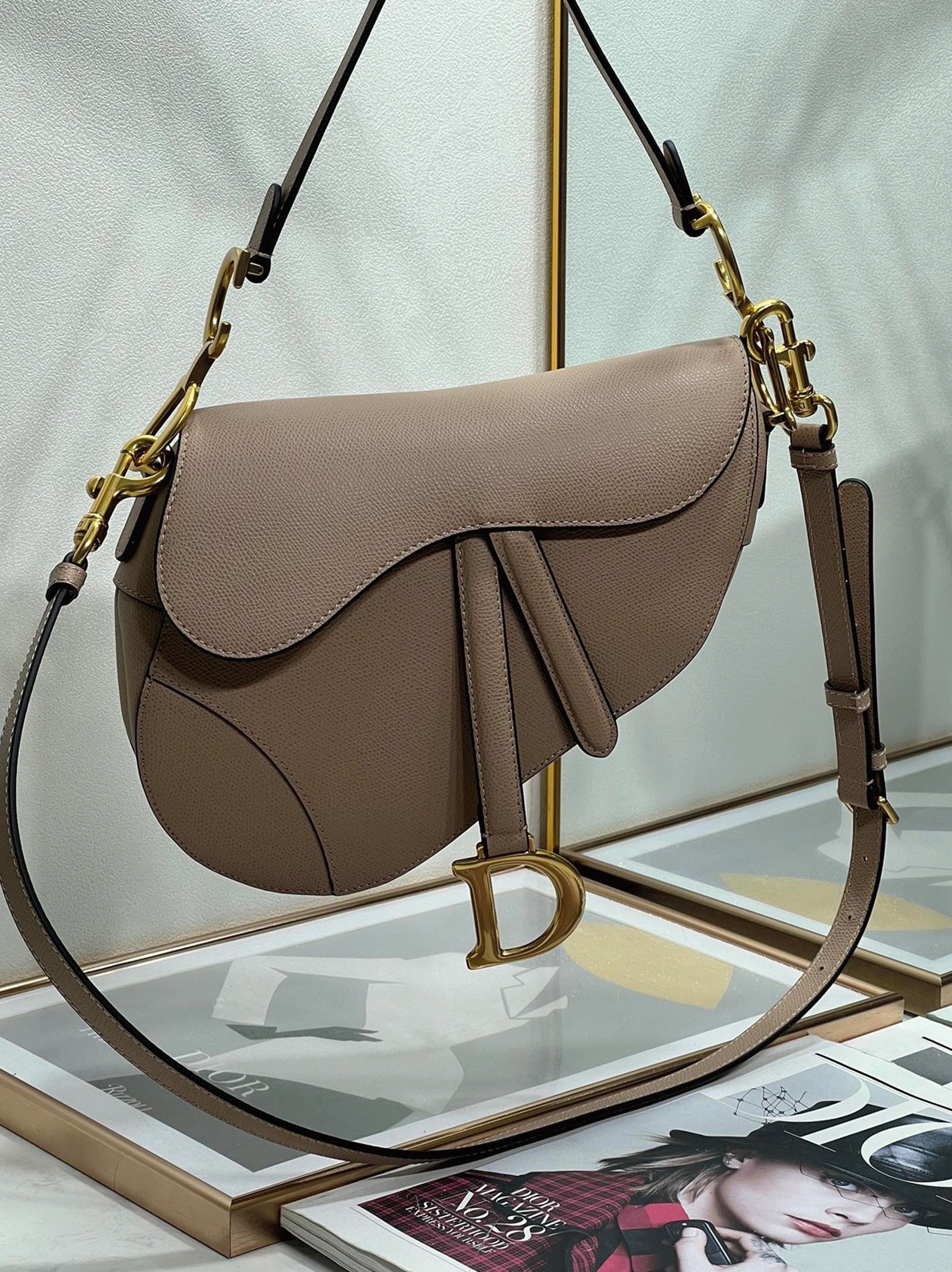 D10r Saddle Bag with Strap Faux in Warm Taupe Grained Calfskin