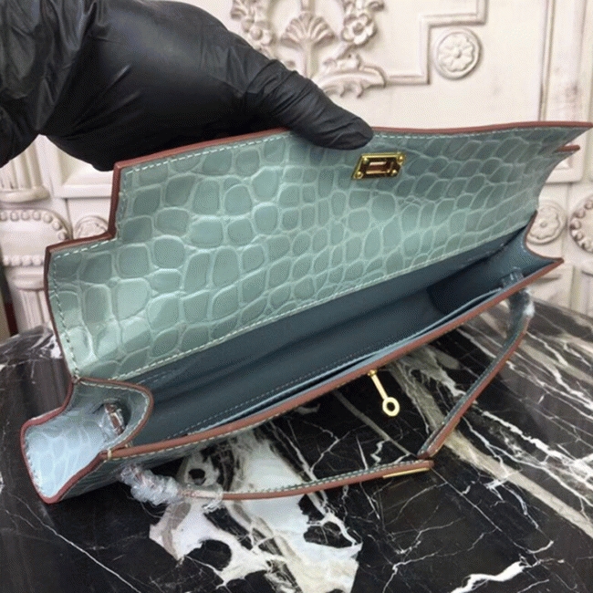 Blue Lin Crocodile Copy H**me5 Kelly Cut Clutch Elegant Purse