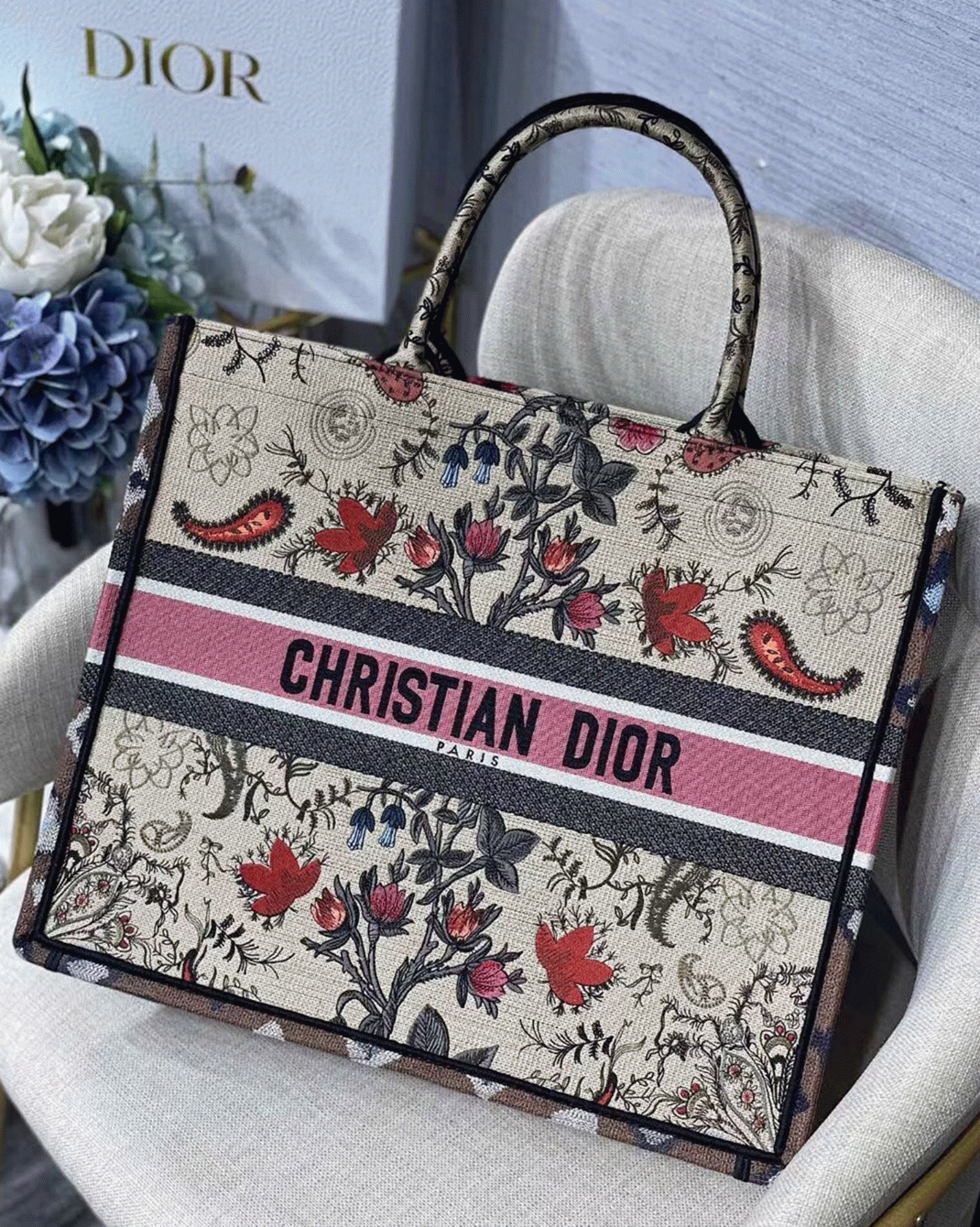 D10r Large Book Tote Bag Fake in Multicolor D10r Flowers Embroidery