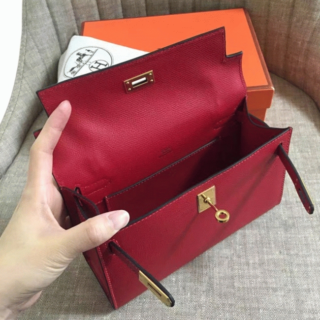 Rouge Vif Epsom Fake H**me5 Kelly Pochette Red Bold Clutch