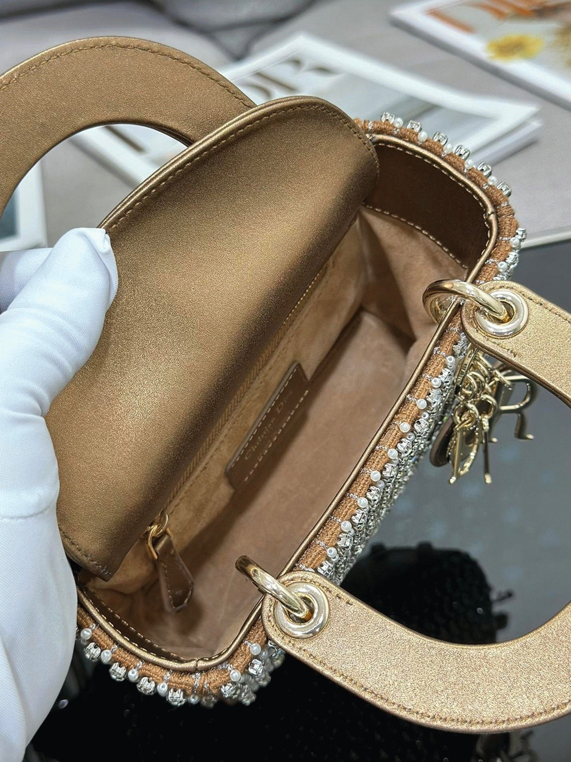 D10r Lady D10r Mini Chain Bag Replica in Square with Strass and Beads