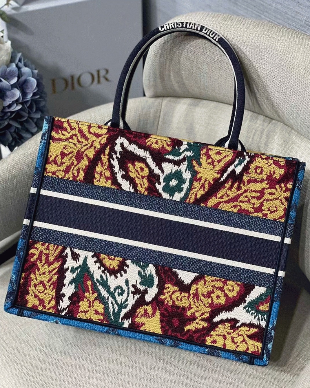 D10r Medium Book Tote Bag Replica in Blue Multicolor D10r Paisley Embroidery