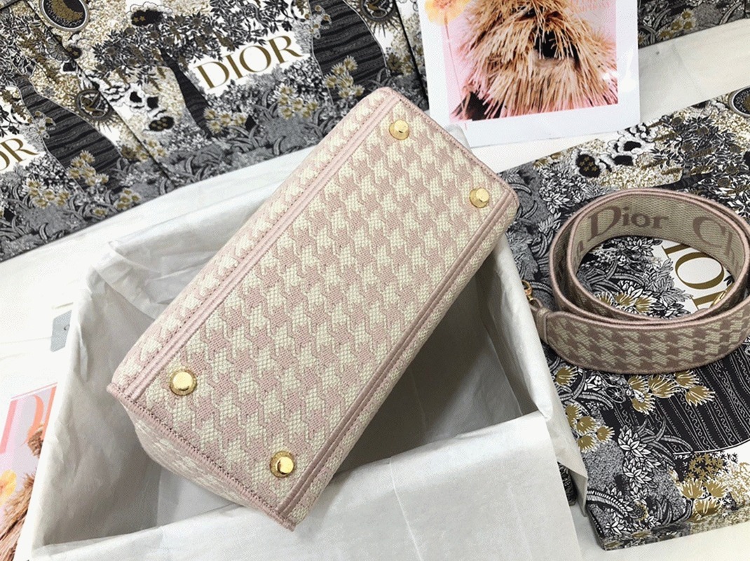 D10r Lady D-Lite Medium Bag Knockoff in Pink   White Houndstooth Embroidery