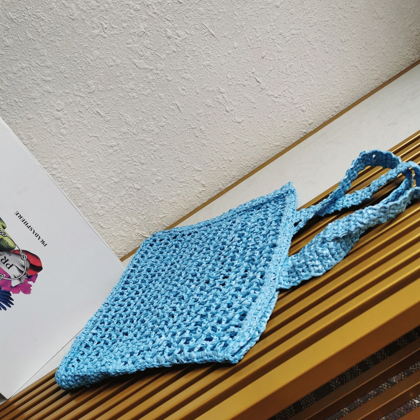 Pra*a Small Tote Bag Knockoff in Blue Woven Raffia