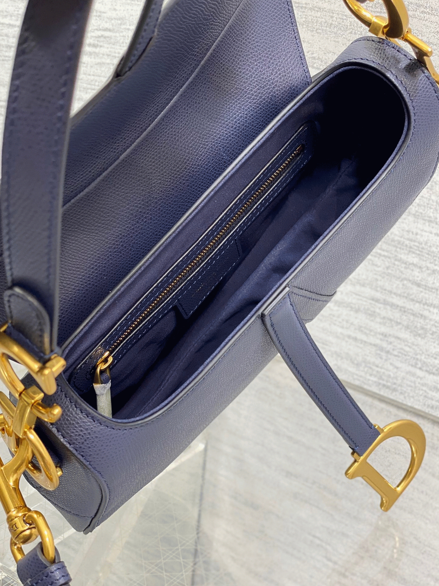 D10r Saddle Bag with Strap Replica in Indigo Blue Grained Calfskin