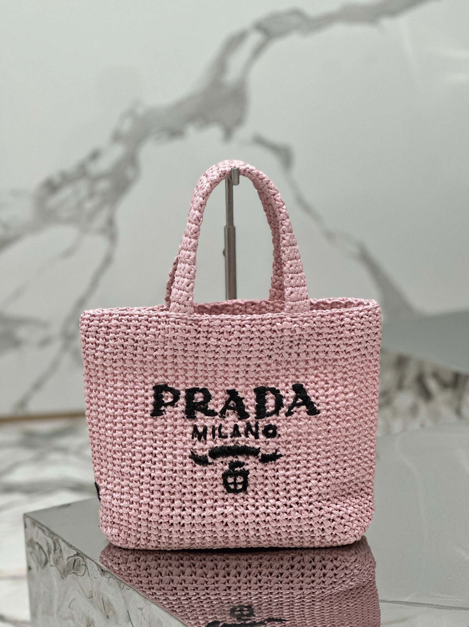 Pra*a Small Crochet Tote Bag Replica in Pink Raffia-effect Yarn