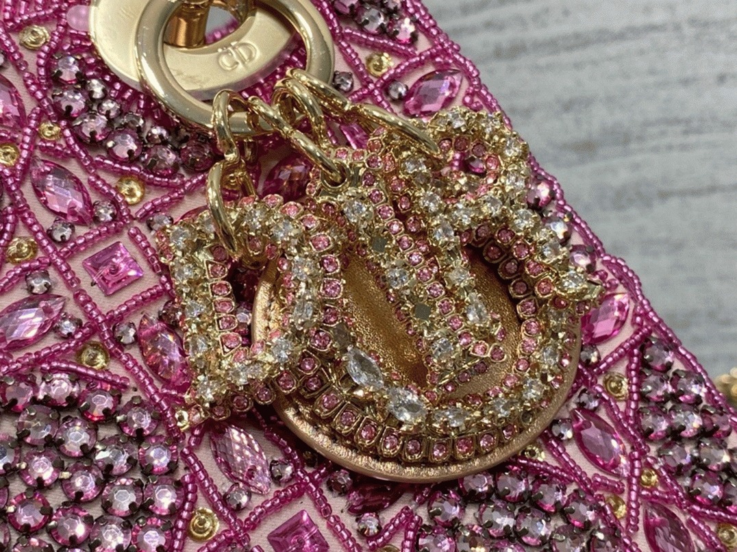 D10r Lady D10r Mini Chain Bag Fake in Satin with Pink Resin Pearl Embroidery