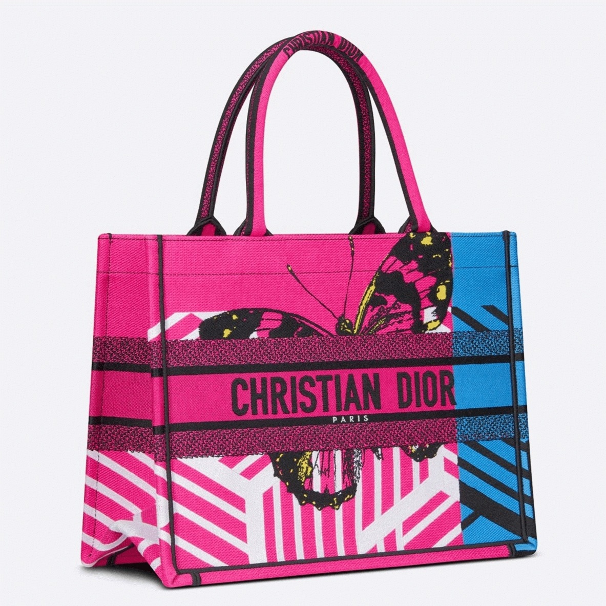 D10r Medium Book Tote Bag Fake in Pink D-Jungle Pop Embroidery