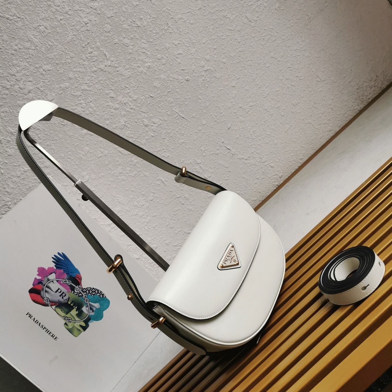 Pra*a Arque Shoulder Bag with Flap Knockoff in White