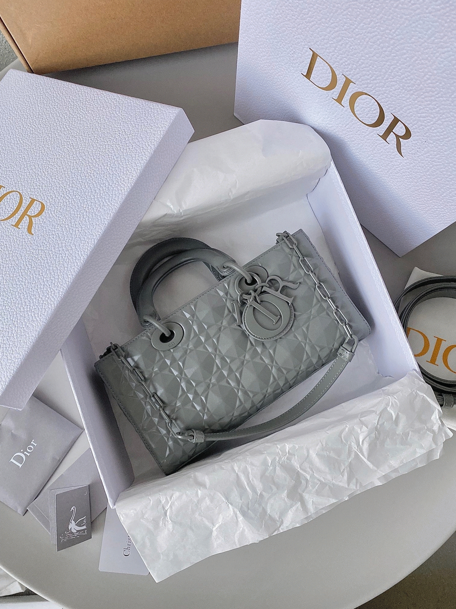 D10r Lady D-Joy Medium Bag Knockoff in Grey Calfskin with D1am0nd Motif