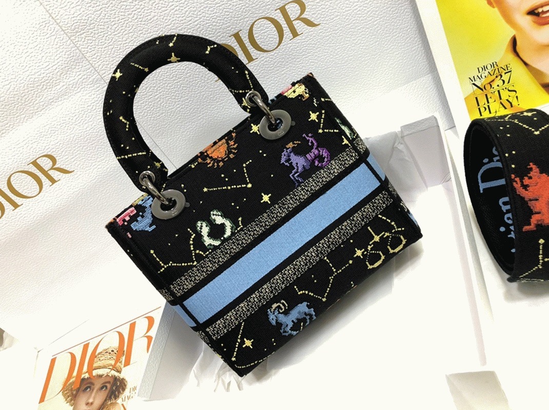 D10r Lady D-Lite Medium Bag Faux in Black Pixel Zodiac Embroidery