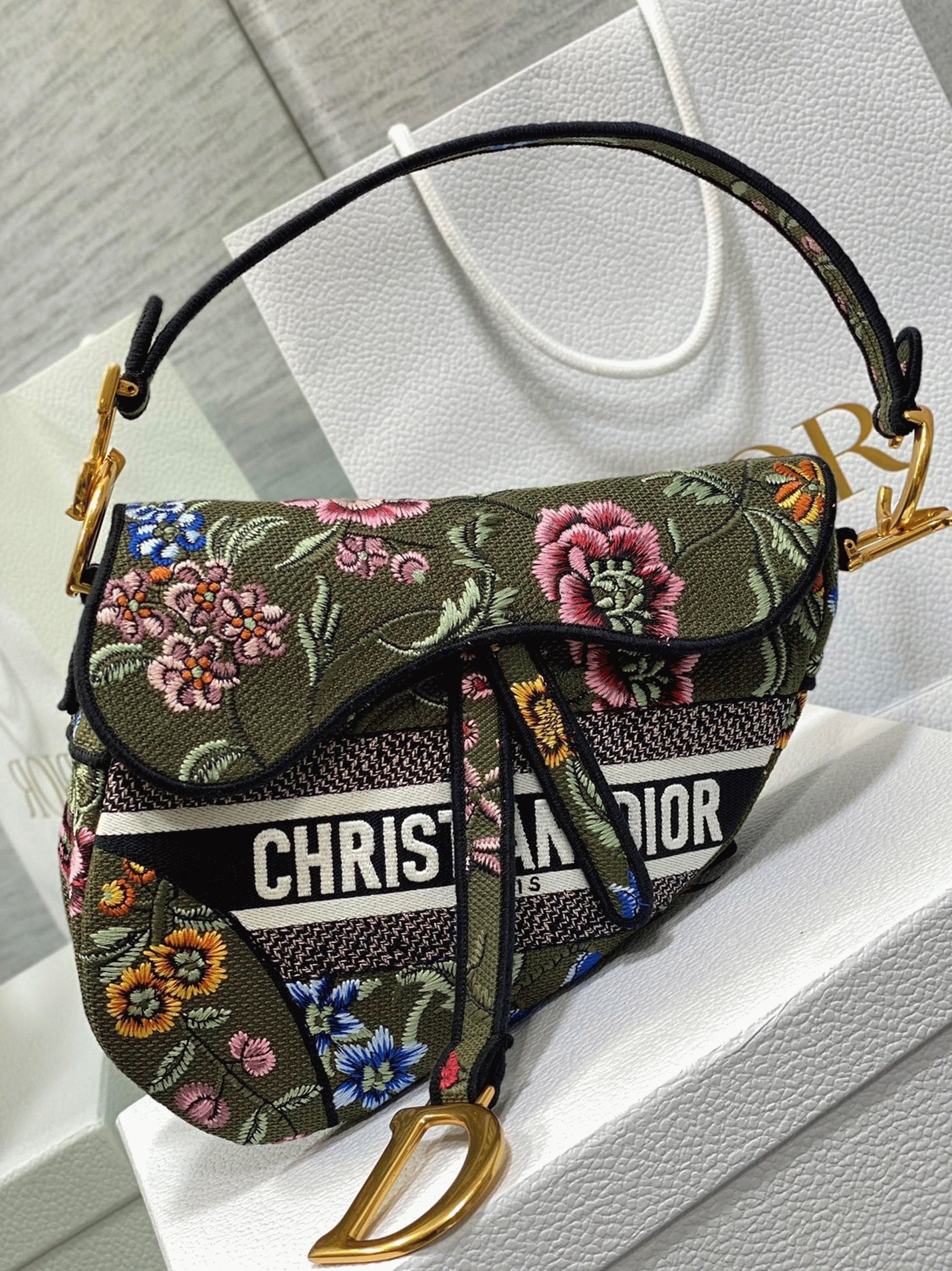 D10r Saddle Bag Knockoff in Green Multicolor D10r Petites Fleurs Embroidery