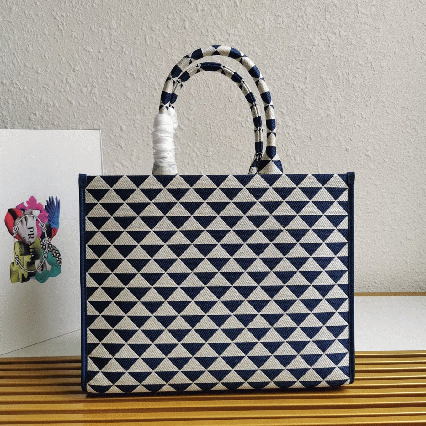 Pra*a Symbole Large Bag Fake in White/Blue Jacquard Fabric