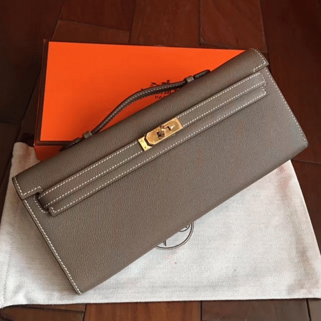 Etoupe Epsom Knockoff H**me5 Kelly Cut Clutch Stylish Purse
