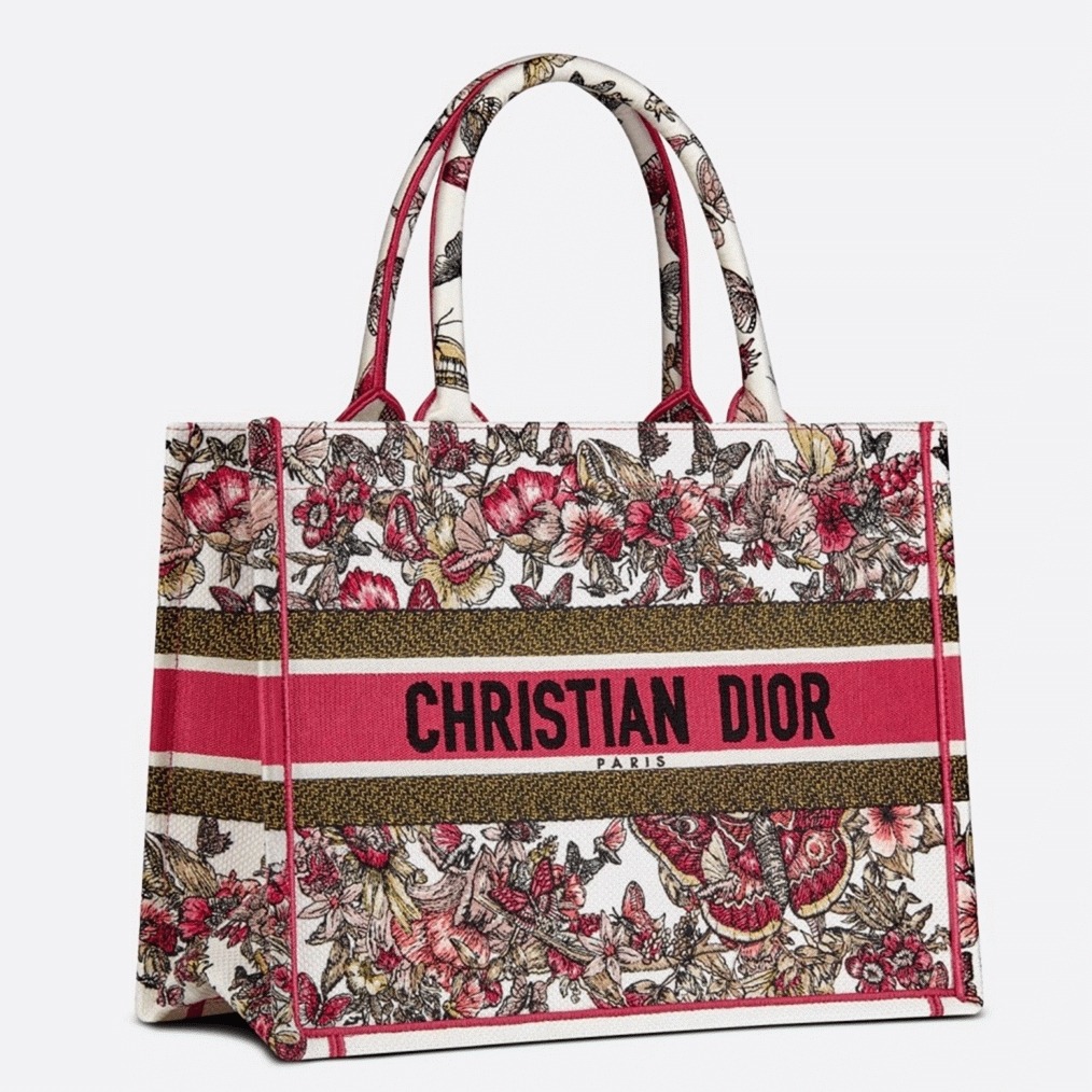 D10r Medium Book Tote Bag Fake in Multicolor Butterfly Embroidery