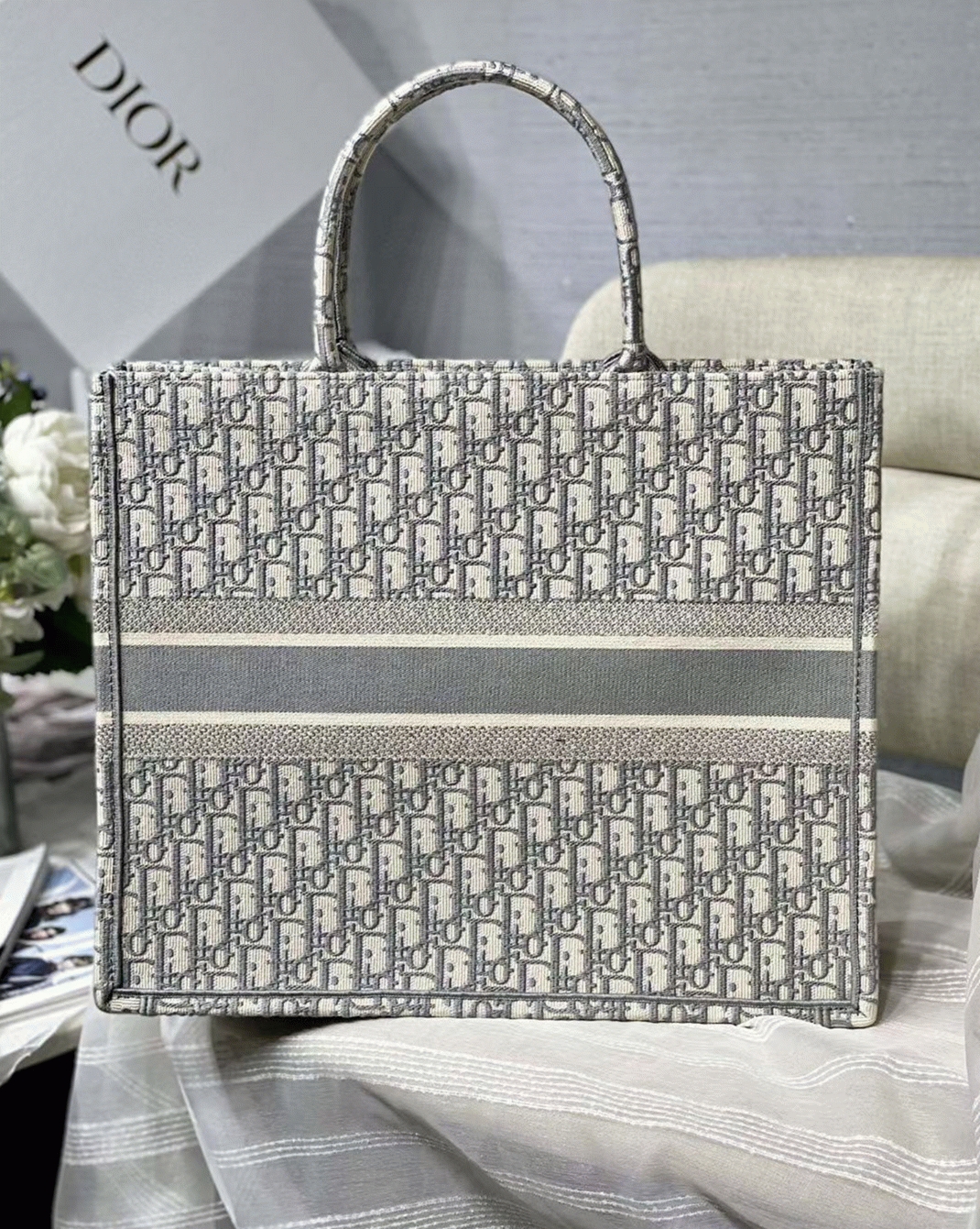 D10r Large Book Tote Bag Replica in Grey D10r Oblique Embroidery