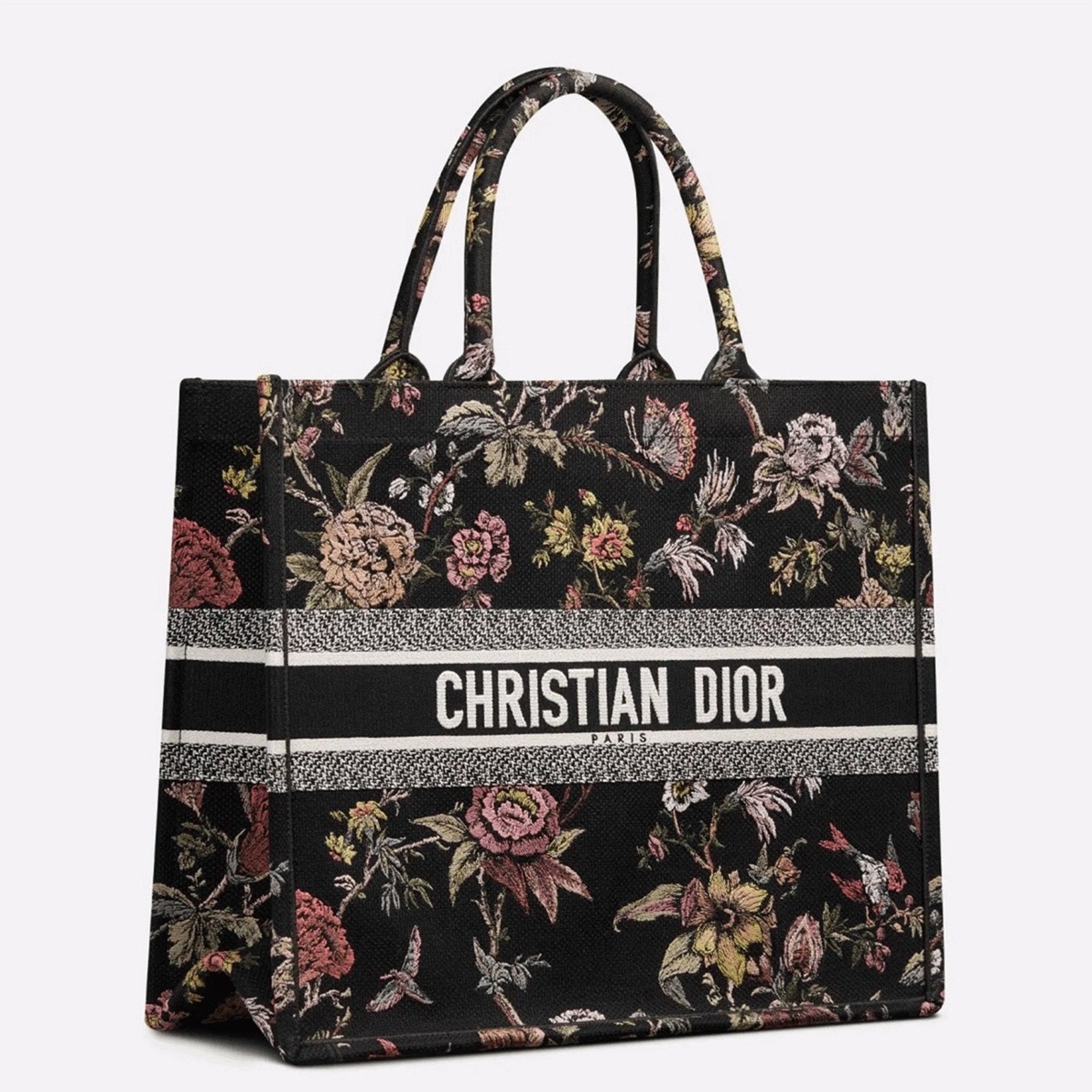 D10r Large Book Tote Bag Faux in Black Jardin Botanique Embroidery