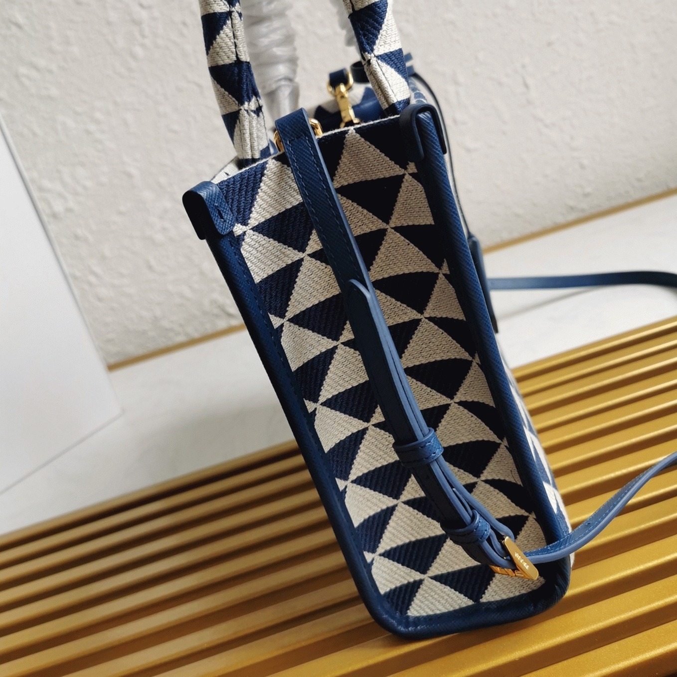 Pra*a Symbole Small Bag Knockoff in White/Blue Jacquard Fabric