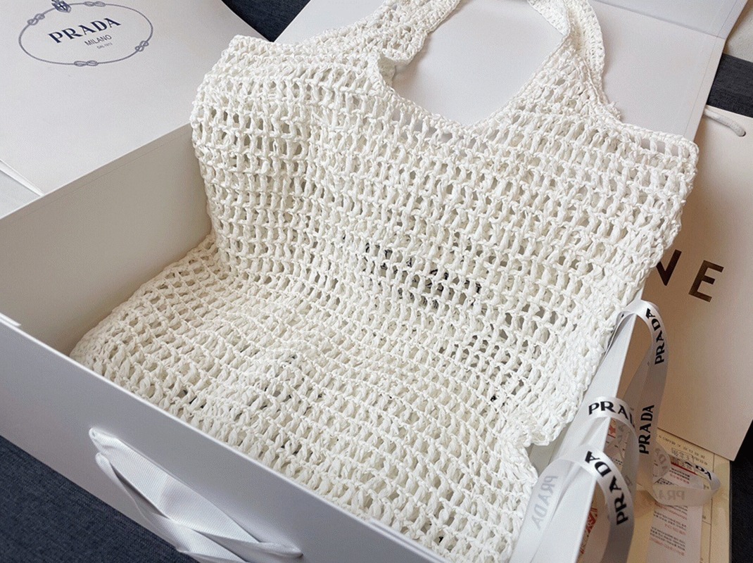 Pra*a Large Tote Bag Replica in White Woven Raffia