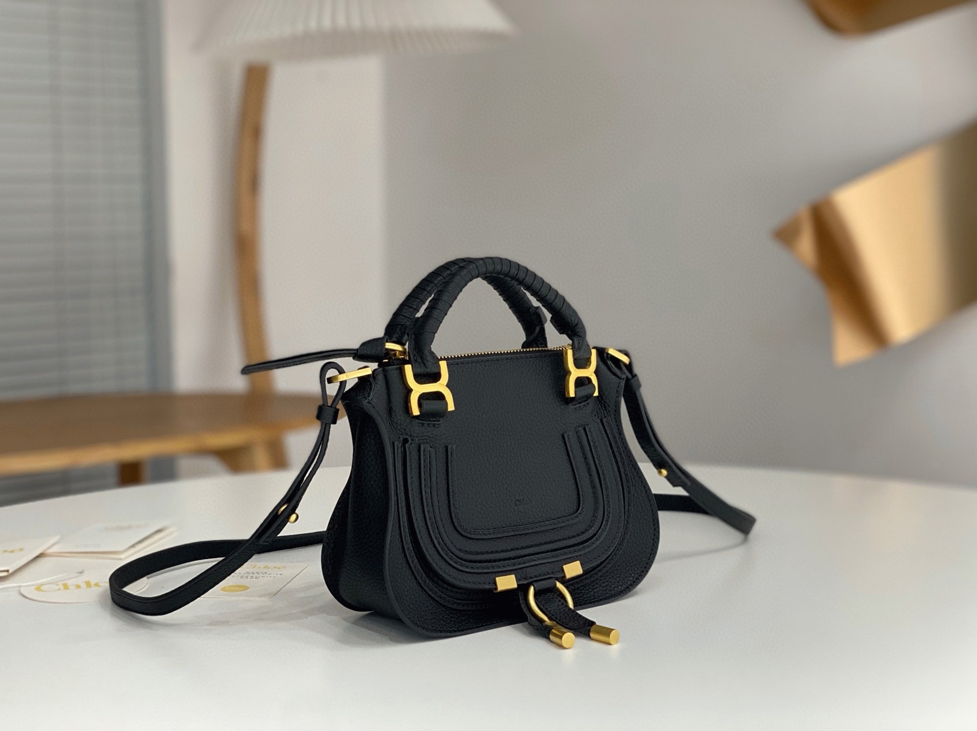 top quality knockoff Ch10e marcie mini double carry bag in black grained leather