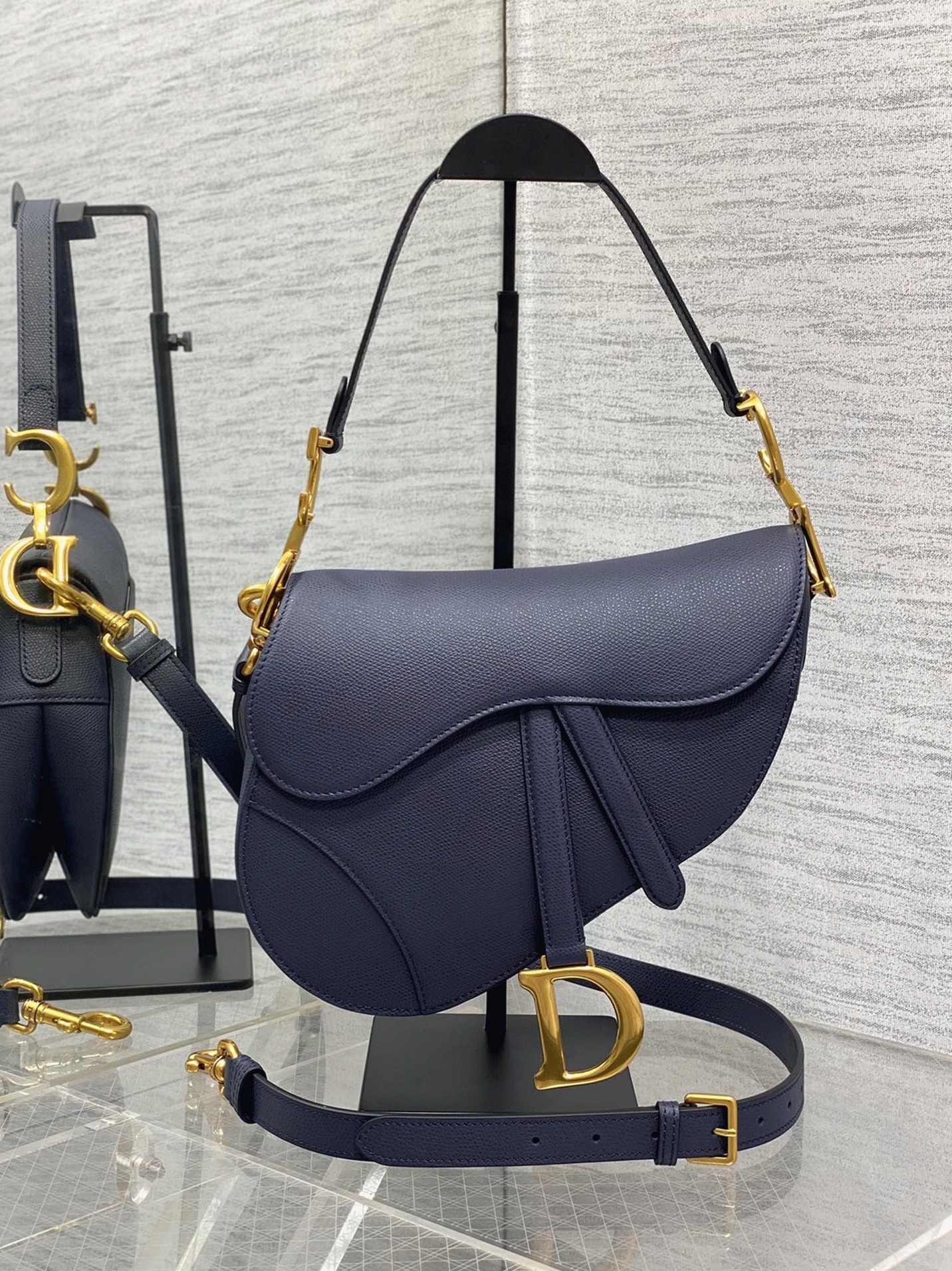 D10r Saddle Bag with Strap Replica in Indigo Blue Grained Calfskin