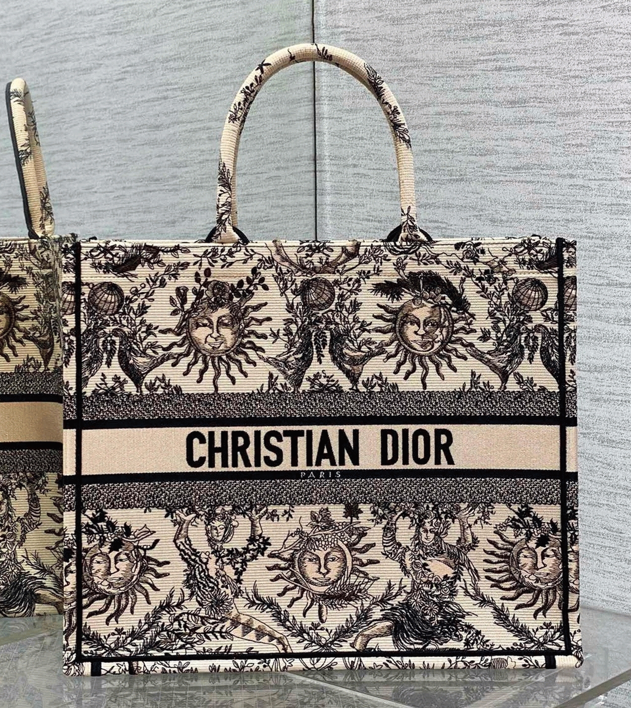 D10r Large Book Tote Bag Replica in Beige Toile de Jouy Soleil Embroidery