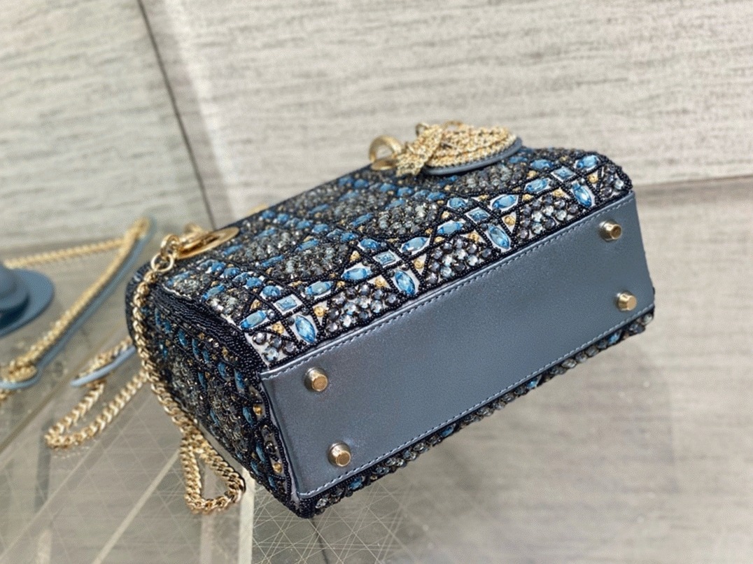 D10r Lady D10r Mini Chain Bag Replica in Satin with Blue Bead Embroidery
