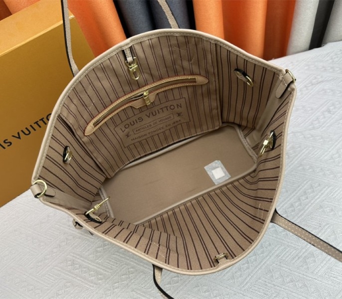 L0vis Vvtt0n Neverfull Bandouliere Inside Out MM Tote In Monogram Canvas And Beige Textile And Leather