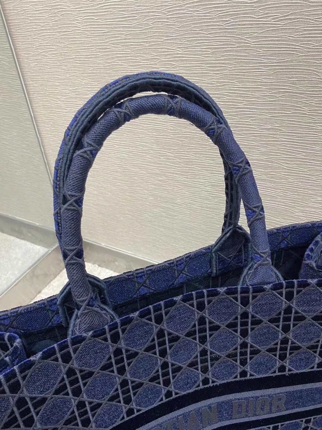 D10r Large Book Tote Bag Knockoff in Blue Cannage Embroidered Velvet