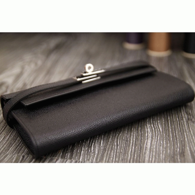 Black knockoff H**me5 Kelly Longue wallet