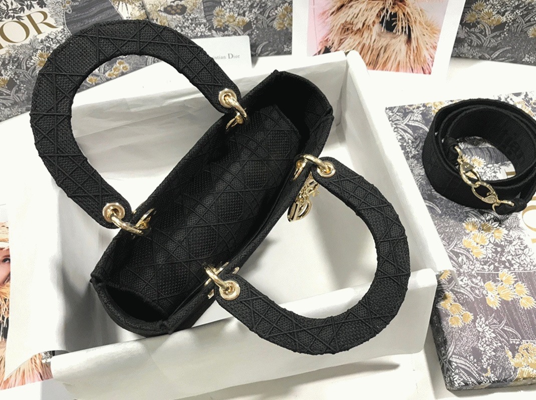 D10r Lady D-Lite Medium Bag Replica in Black Cannage Embroidered Canvas
