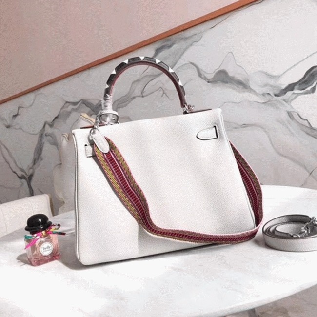 White H**me5 Kelly 28cm Knockoff Bag with Zigzag Handle