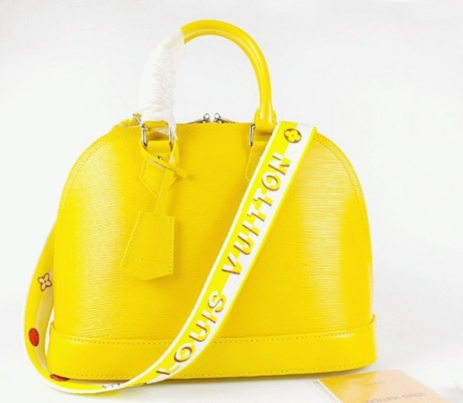 L0vis Vvtt0n Epi Leather Alma PM Handbag In Cedrat Yellow With Jacquard Strap
